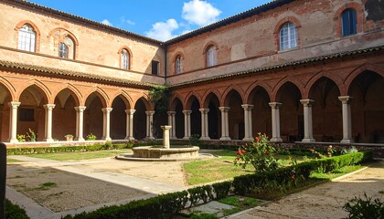 A sun-drenched courtyard with arched cloisters and a fountain, showcasing a serene and historical setting.