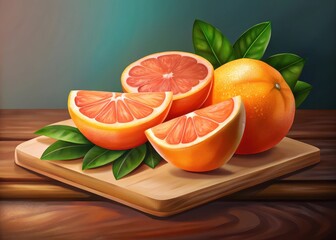 Fresh sliced grapefruit rings on a wooden cutting board