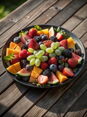 Summer Fresh Fruit Salad Platter on Wooden Table