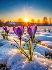 Lush spring crocus blooms through melting snow at sunrise amidst frosty landscape