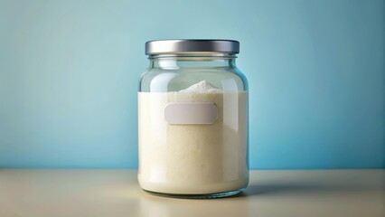 Powdered milk in a glass bottle with a label