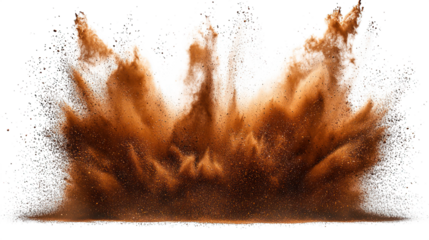 Brown powder explosion against a black background, suspended mid-air