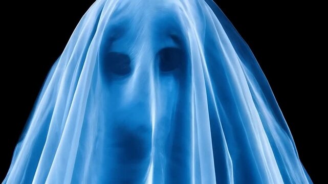 Spooky blue ghost apparition floating in darkness, eerie halloween concept, animation