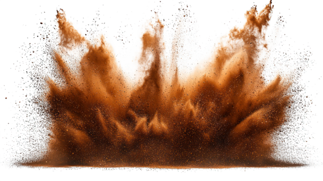 Brown powder explosion against a black background, suspended mid-air