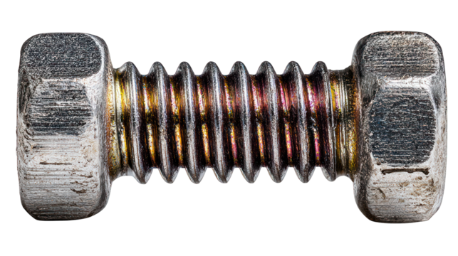Close-up of a weathered metal bolt with threads showing color