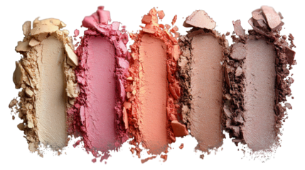 Close-up of five brushed colorful eye shadows, different shades