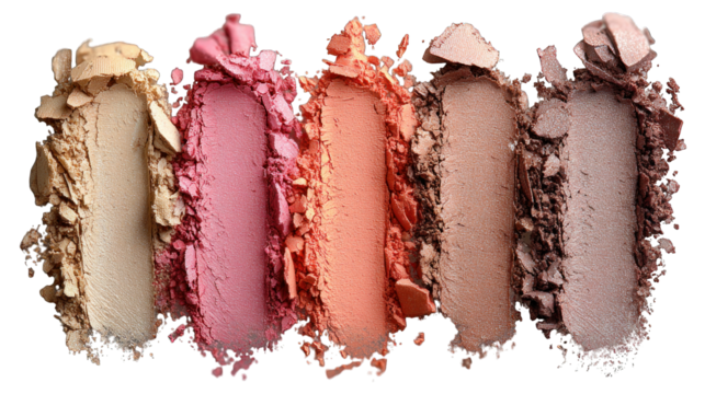 Close-up of five brushed colorful eye shadows, different shades