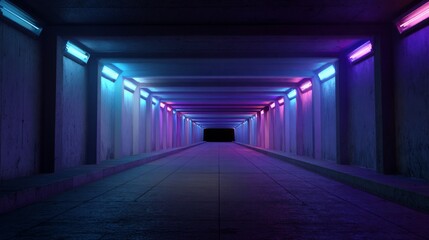 Fototapeta premium an underground tunnel that has been creatively decorated with vibrant neon lights in various shades of pink, purple, and blue. this gives the space a psychedelic, futuristic vibe