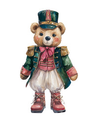 illustration watercolor Christmas teddy bear in nutcracker outfit isolated on transparent background