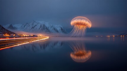 A glowing jellyfish floats above the water at night against mountains and a starry sky.