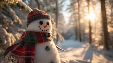 a snowman with a red scarf and hat standing in the snowy landscape on christmas day, with a blurred background of trees covered in white snow at sunset. 