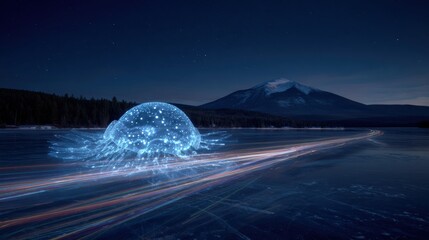 3D render of a glowing abstract dome-like structure on a frozen lake at night with mountains in the background.