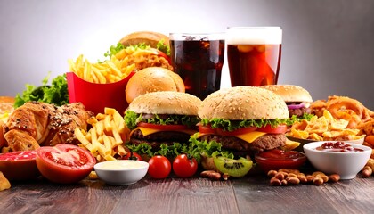 Delicious Fast Food Feast Burgers with Fries, and Drinks  Snacks on Wooden Table.