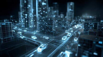 Fototapeta premium a futuristic digital cityscape at night. it is viewed from an above perspective, showcasing a network of roads with cars in motion against a backdrop of illuminated buildings and streetlights