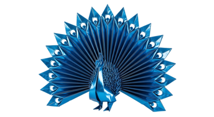 Striking Blue Origami Peacock Sculpture Isolated on Transparent Background