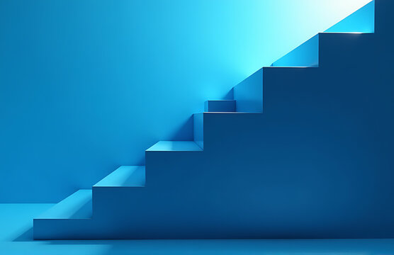 sleek metal stairs ascending bright blue gradient background illuminated soft spotlighting casts modern glow