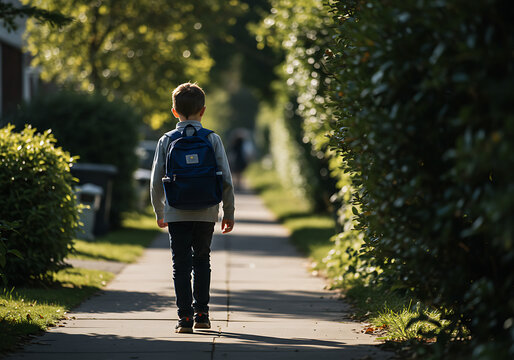 Un ni&ntilde;o saliendo de la escuela caminando por un barrio residencial de la India.