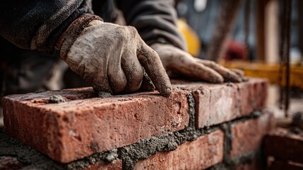 Bricklayer applying mortar between red bricks, low-angle, industrial backdrop