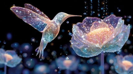 A shimmering fantasy hummingbird hovers above a glowing flower in a nighttime scene filled with soft light and sparkling particles.