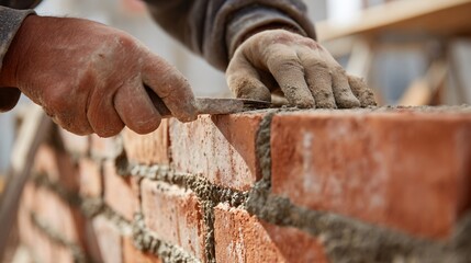 Bricklayer applying mortar between red bricks, low-angle, industrial backdrop
