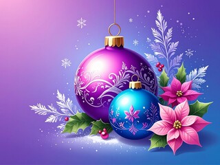 Christmas background with beautifully decorated blue and purple baubles, ornaments, poinsettia flowers, gradient purple. Design for cards, greetings, editorial use, feature article, digital wallpaper,