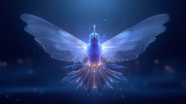 Futuristic glowing insect with wings made of light particles in blue space
