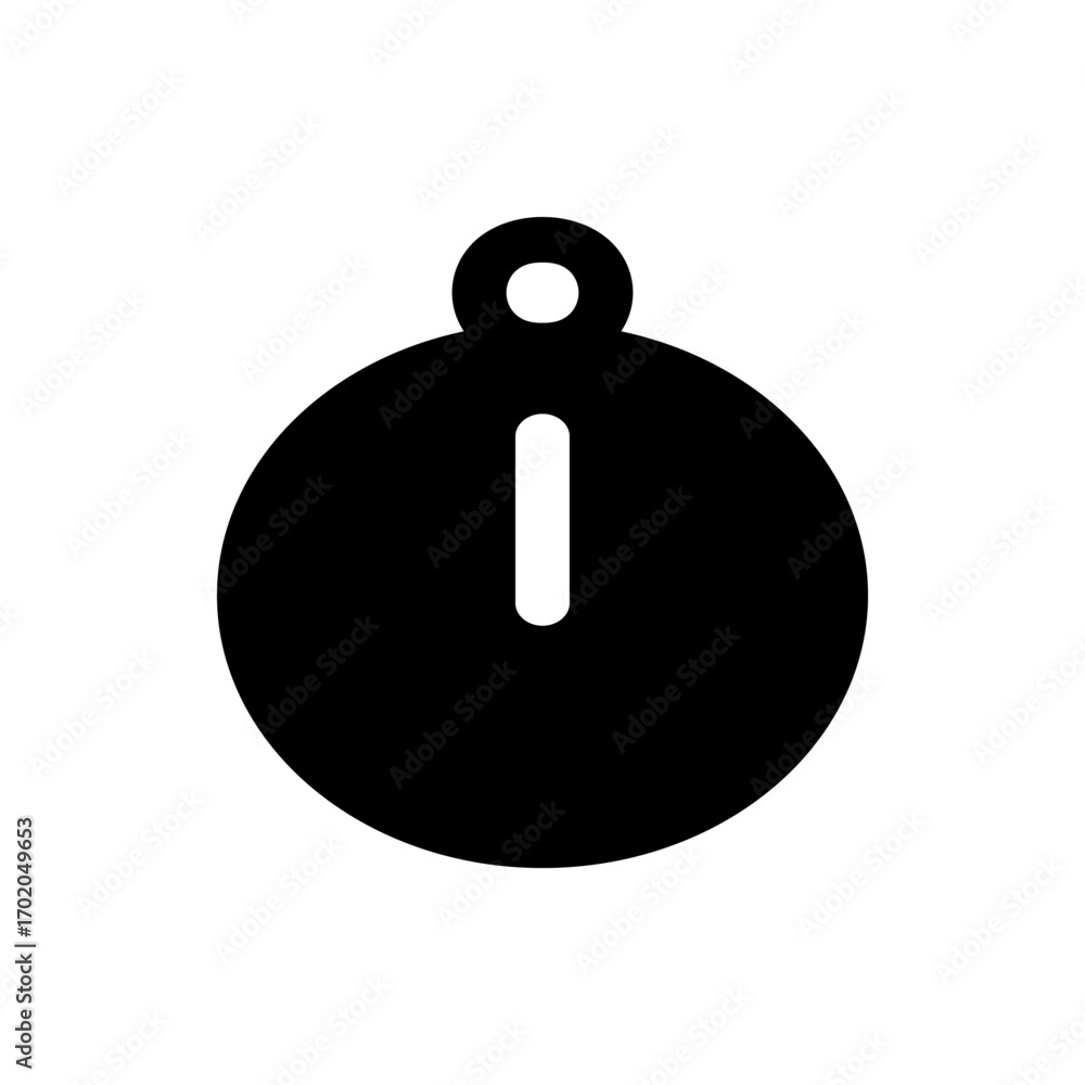 Poster illustration of a black round pendant with a circular loop and a white vertical line in the center
