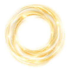 Glowing golden ring shape with luminous light streaks and sparkling particles