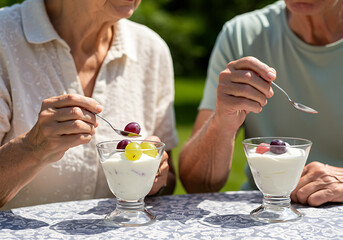 Bonitos vasos de cristal, manos de una pareja de ancianos comiendo yogurt y uvas.