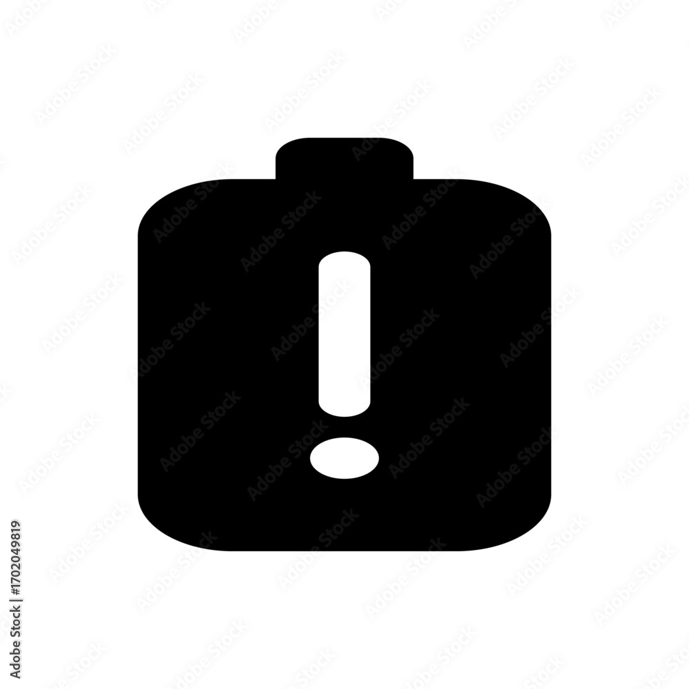 Poster black battery icon with a white exclamation point displayed in the center on a white background imag