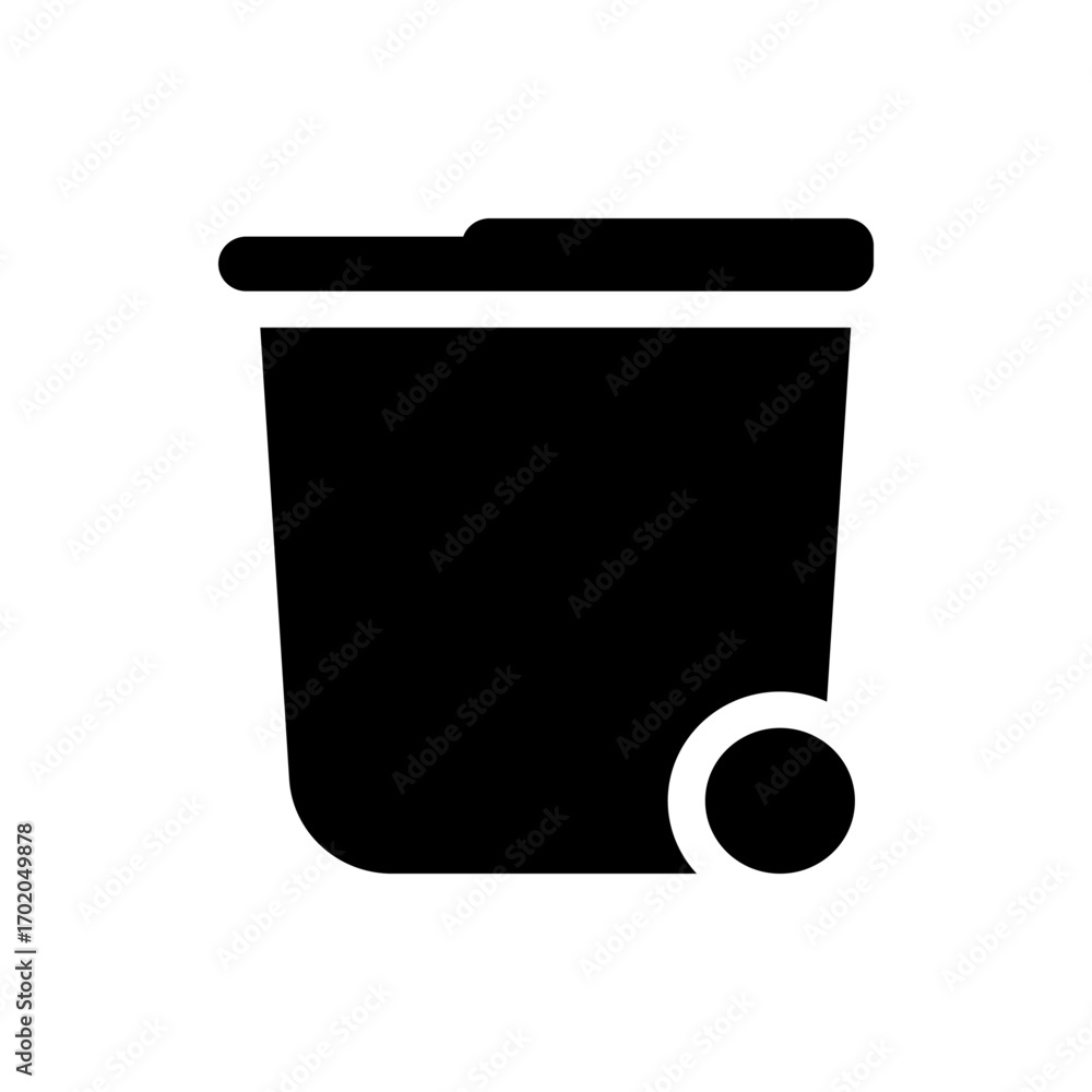 Poster illustration of a black trash can with a lid and a wheel on a white background in a simple and moder