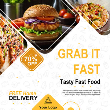 Tasty fast food social media post template for a restaurant menu, featuring pizza and burger with a discount offer and free home delivery.