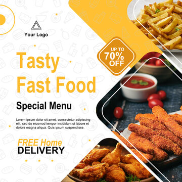 Tasty fast food social media post template for a restaurant menu, featuring fried chicken, fish sticks, and french fries with a discount offer and free home delivery.