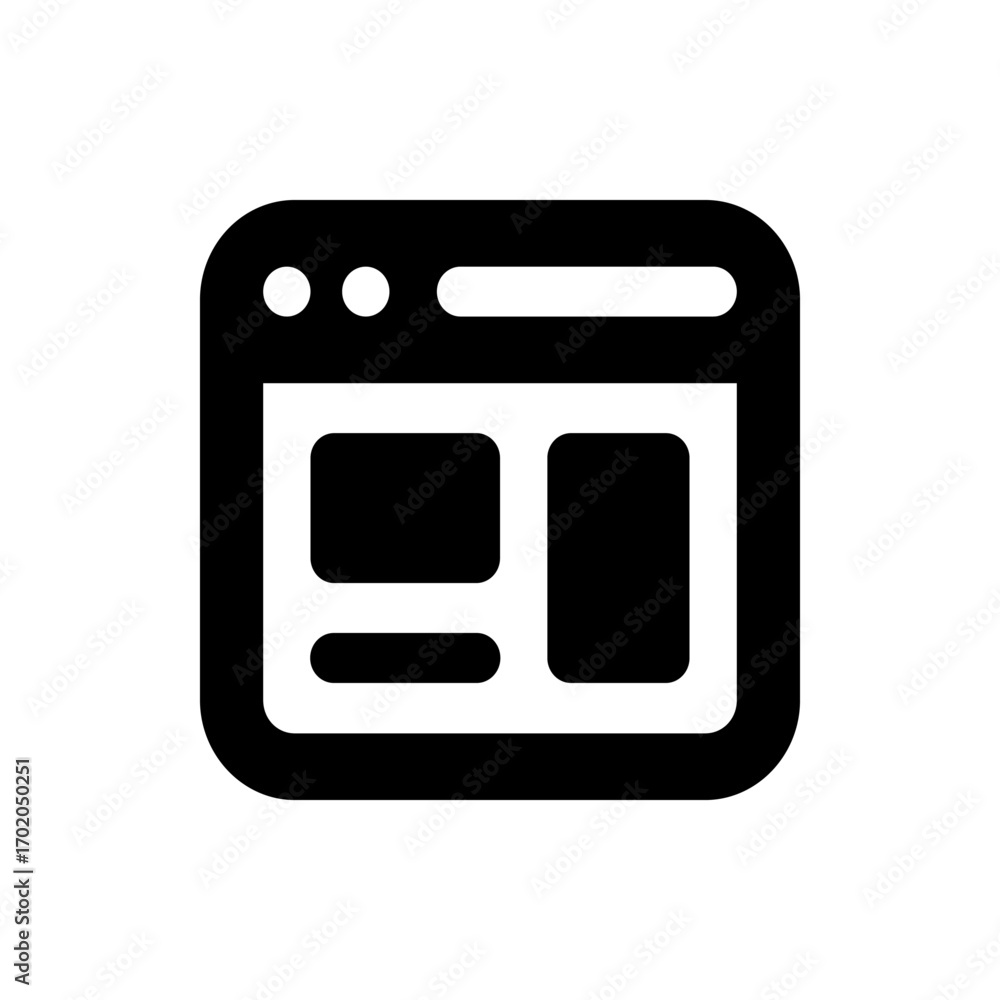 Poster a black and white icon of a browser window with two content blocks and a rounded rectangular shape a