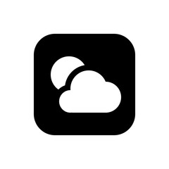 A graphic icon showing a white cloud partially obscuring a white sun against a black rounded square shape