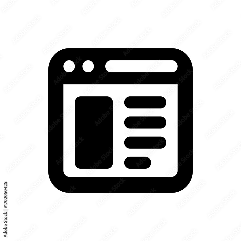 Poster illustration of a browser window icon with rounded corners and content layout in black and white des