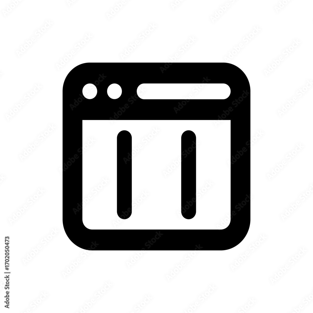 Poster icon of a browser window with three circles in the top left and two vertical bars inside the window 
