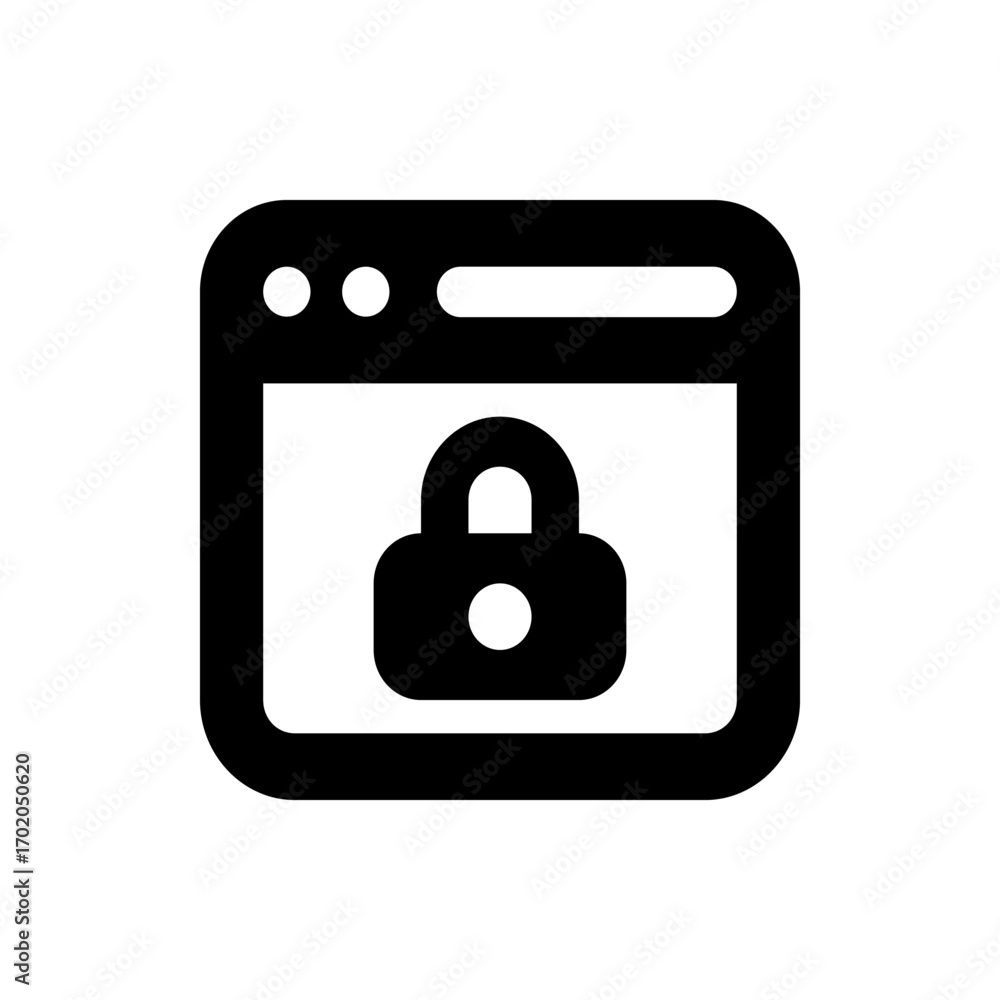 Poster black and white icon of a browser window with three circles and a padlock in the center of the windo