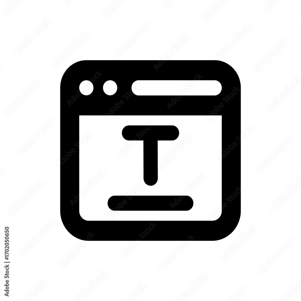 Poster black and white icon of a browser window with three dots and a large capital letter t inside the fra