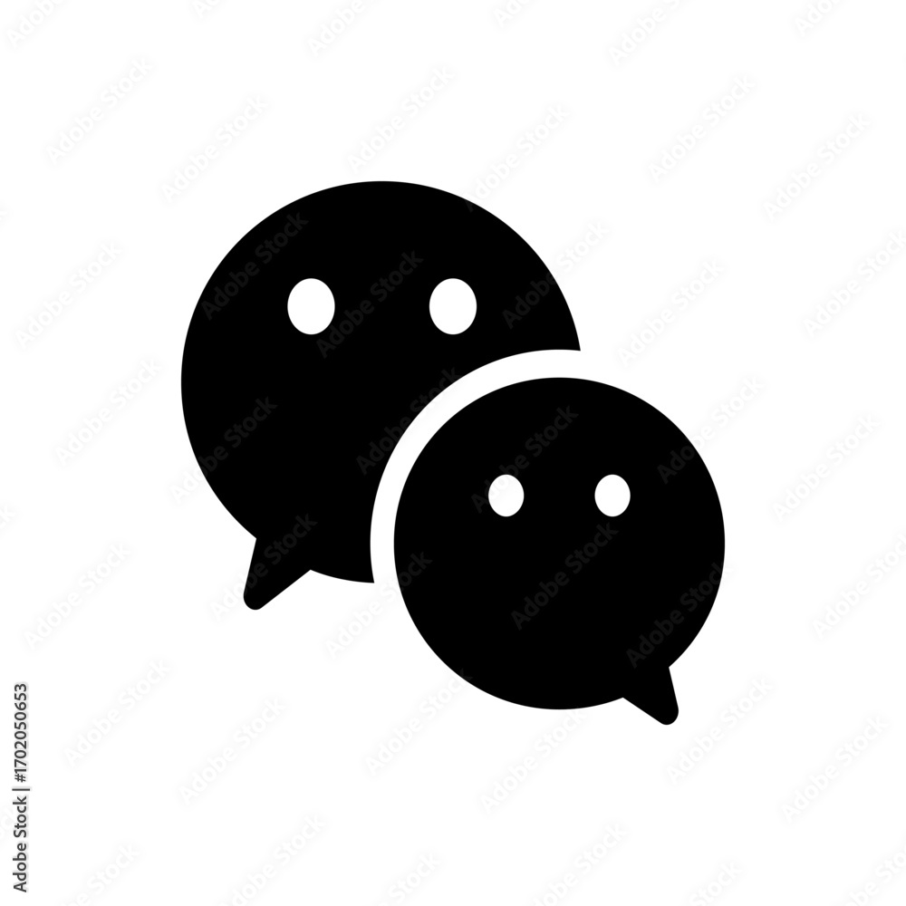 Poster two overlapping black speech bubbles with two white circles inside each bubble in a simple vector gr