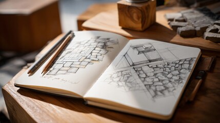 Conceptual flat lay: architect&rsquo;s sketchbook with pencil sketches of brick wall layouts, on wooden table
