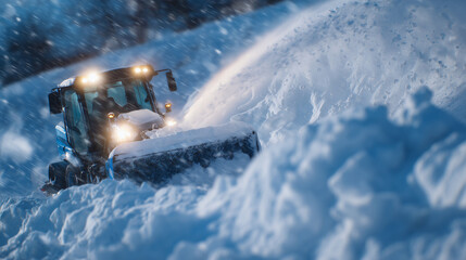 Snowblower close-up with headlights on, blades shredding compacted snow, stormy snowfall blurring the background