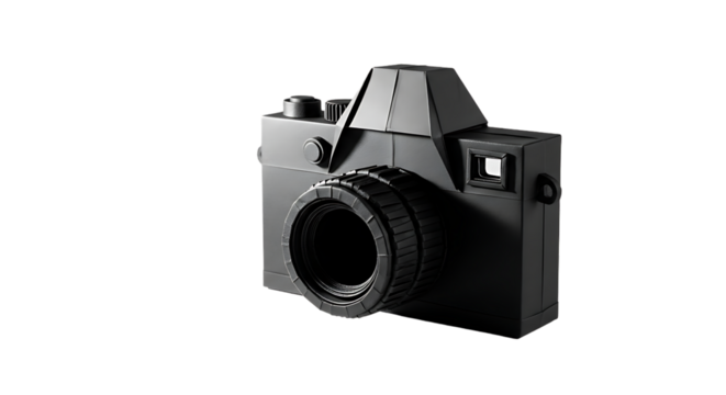 A black, vintage-style camera with a prominent lens is positioned against a stark white background, showcasing its angular design.
