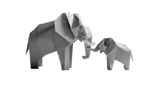 Delicate grey origami elephants, an adult and a baby, standing together, symbolizing family and paper art. Isolated on a transparent background, ideal for diverse graphic design projects