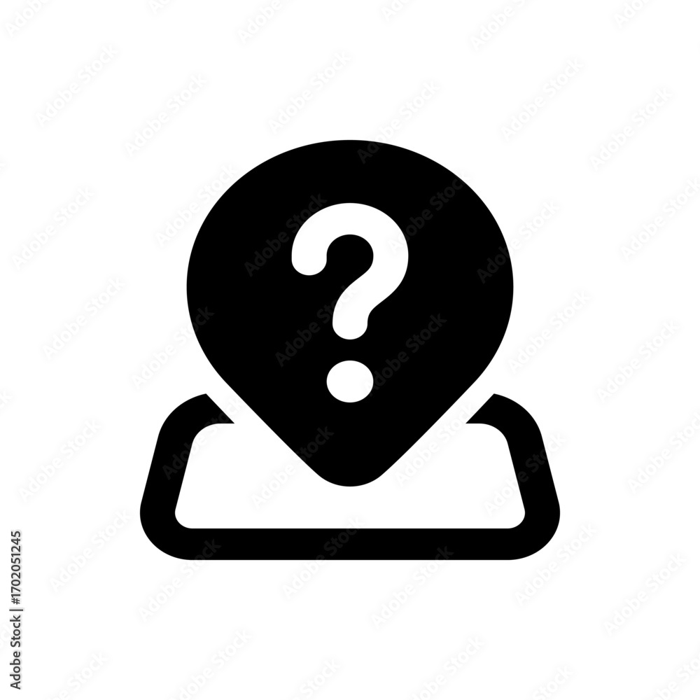 Poster black icon representing an unknown person with a question mark inside a head shape on a map marker s