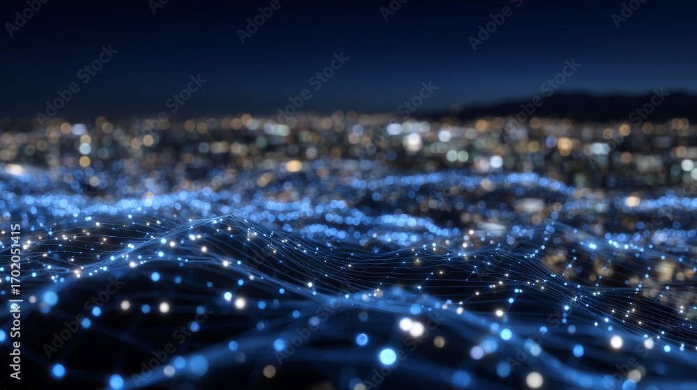 Poster a vast futuristic cyber grid, blue light streams crisscrossing, glowing orbs representing data excha