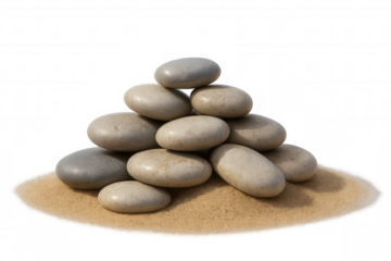 Pyramid of balancing pebbles creates a serene and meditative atmosphere on a small patch of sand with transparent background