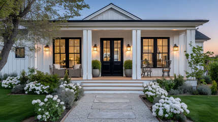 Charming farmhouse entryway with black front door framed by white wood siding, symmetrical columns, and modern sconce lights casting a soft amber glow