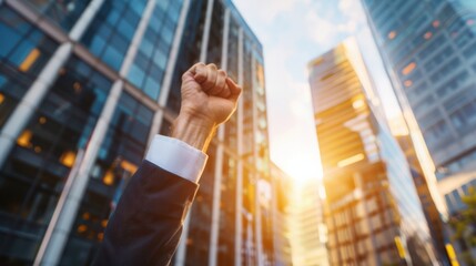 Determined Fist Raised Towards Modern Skyscrapers in a Sunny Urban Landscape