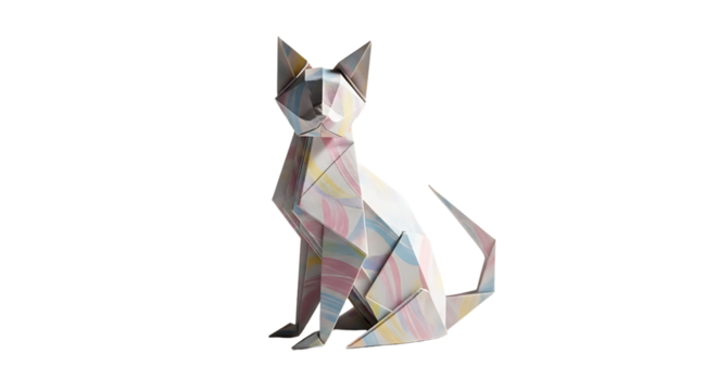 Geometric origami cat sculpture, pastel colors, sitting pose, intricate folds.